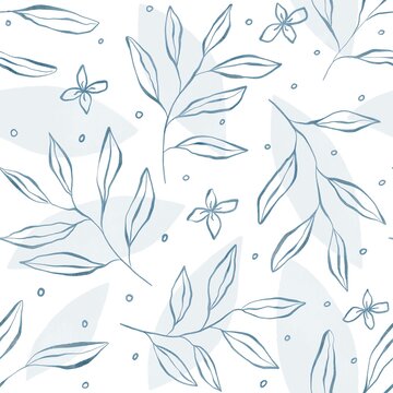 Seamless leaves background. Fabric floral pattern. Leaf drawing in pastel colors. Hand painted floral ornament