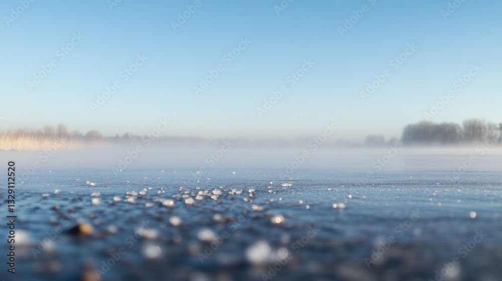 Aufkleber frozen lake surface with fog and distant trees under a clear blue sky.