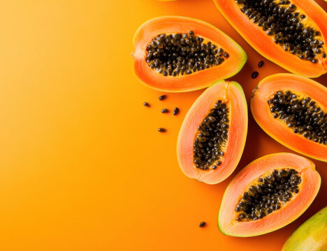 Fresh papaya halves with vibrant orange background at midday - Powered by Adobe