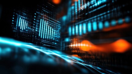 Dynamic digital data visualization in technology sector abstract graphics futuristic environment close-up viewpoint conceptual insight