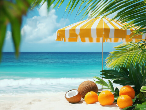 Tropical beach setup with coconut and oranges under bright sun