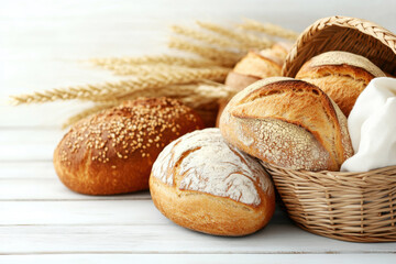 Fresh bread rolls and wheat in a rustic basket on wood table