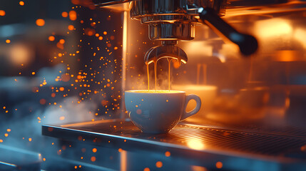 Welder working in a factory and workshop with coffee machine and cup on break
