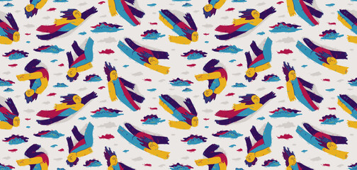 Levitating people seamless background, concept of freedom and imagination, peaceful and tranquil theme tiling wallpaper, dreamers floating among the clouds.