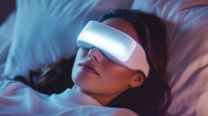 Naklejka premium A smart sleep mask with light therapy, bedroom with user wearing the mask for improved sleep, Health-tech style