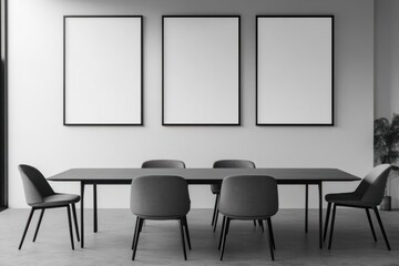 Modern dining room with three blank frames and six gray chairs.