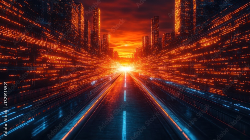 Aufkleber futuristic city highway at sunset with glowing digital data streams.