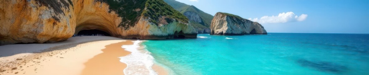 Obraz premium Wide panoramic view of Cathedral Cove's secluded beach in summer Clear blue waters, dramatic cliffs , solitude, untouched