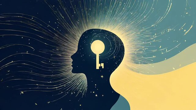 Video illustration showing key to human mind radiating knowledge and enlightenment