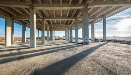 Wide angle background image of empty building under construction with concrete columns, copy space. Generated image