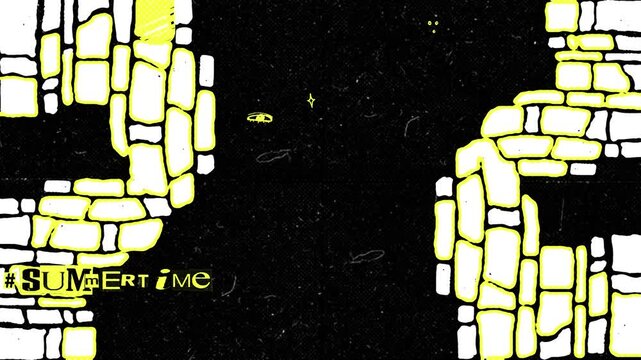 Abstract black and white illustration of two stone pillars, emphasizing geometric shapes in a motion graphic format