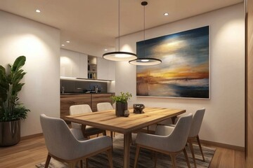 Modern dining room with wooden table, chairs, and large abstract artwork.