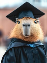 A graduation cap and gown on a guinea pig, smiling for the camera.