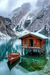 Obraz premium A serene scene of a small chalet on the edge of a lake, with a boat resting nearby. The backdrop is majestic snow-capped mountains.