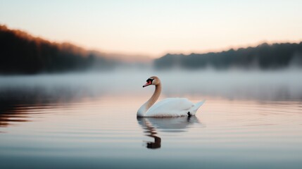 Fototapeta premium Graceful swan glides through serene lake surrounded by misty mor