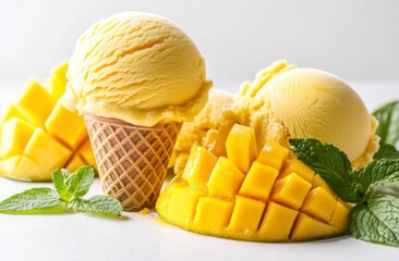 Delicious Mango Ice Cream Scoop with Fresh Fruit and Mint