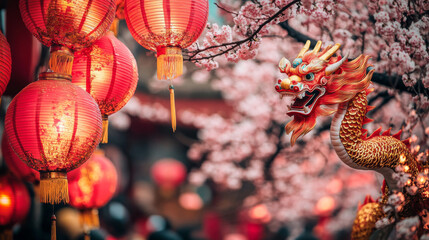 Obraz premium Red lanterns and dragon statue amidst blooming cherry blossoms create vibrant scene celebrating cultural festivities. atmosphere is filled with joy and tradition