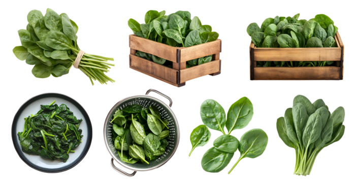 Spinach leaf leafy vegetable flowering plant, many angles view pile stack, wooden crate box, bundle, silver drainer tray, cooked on plate isolated on transparent cutout PNG. Mockup template design