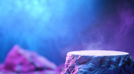 mystical enchanted podium glowing in ethereal blue and purple light, surrounded by dreamy mist and sparkling particles, creating magical atmosphere