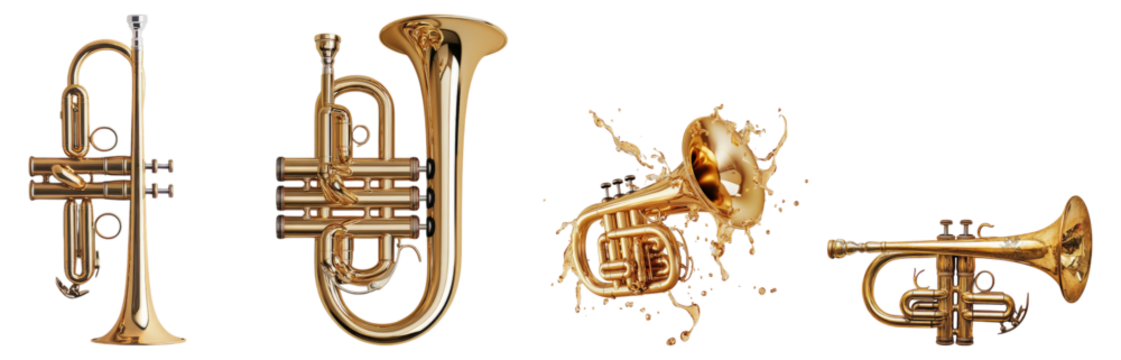 Various brass instruments displayed with vibrant gold accents, Isolated on Transparent Background