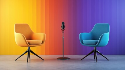 Modern podcast studio setup featuring speakers empty chairs and a microphone, ready for two to engage in insightful discussions