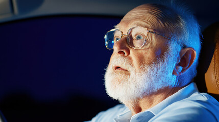 senior man with glasses appears concerned while driving at night, possibly experiencing difficulty seeing. interior of car is dimly lit, highlighting his expression