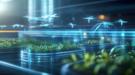 Fototapeta premium Drones enhancing urban agriculture smart city digital art futuristic environment aerial view innovation in food production