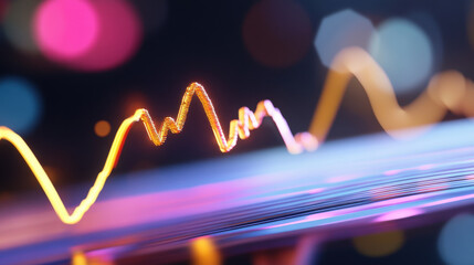 vibrant digital graph with glowing lines represents dynamic market trends and data analysis. colorful bokeh background adds futuristic touch to economic visualization
