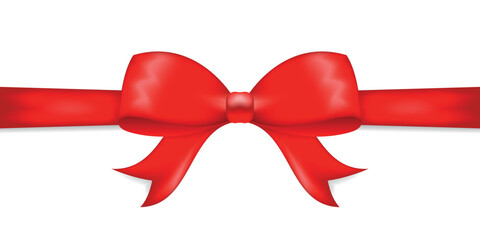 Bright red satin bow with ribbon in realistic style on white background