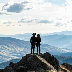 Couple hiking scenic trail concept. A couple stands on a mountain peak, gazing at a vast landscape under a cloudy sky.