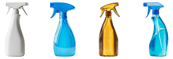 Fototapeta premium Diverse Collection of Spray Bottles for Cleaning and Household Use, Isolated on Transparent Background