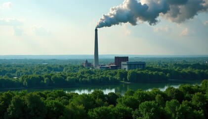 Obraz premium Smokestack belching black smoke over lush green forest , contamination, carbon emissions