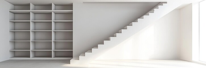 Modern empty room with built-in shelves and staircase.