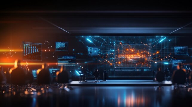 Data analysis conference futuristic control room digital technology high-tech environment perspective view innovation insights - Powered by Adobe