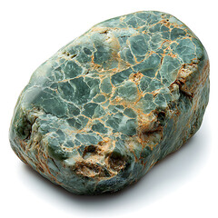 Polished green rock with tan veining showcasing a unique natural pattern and texture on a white surface.