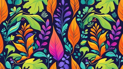 Vibrant Floral Pattern: A Kaleidoscope of Colorful Leaves and Botanical Elements