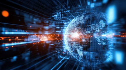 Exploring global connectivity through digital networks virtual landscape graphic visualization high-tech environment futuristic viewpoint