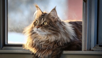 A disheveled, long-haired cat perched on a windowsill, its fur blowing in the breeze, exuding a carefree and curious vibe.
