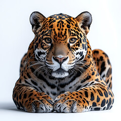 Obraz premium Focused jaguar portrait against a white backdrop showcasing its distinctive spotted coat and intense gaze in a studio setting.