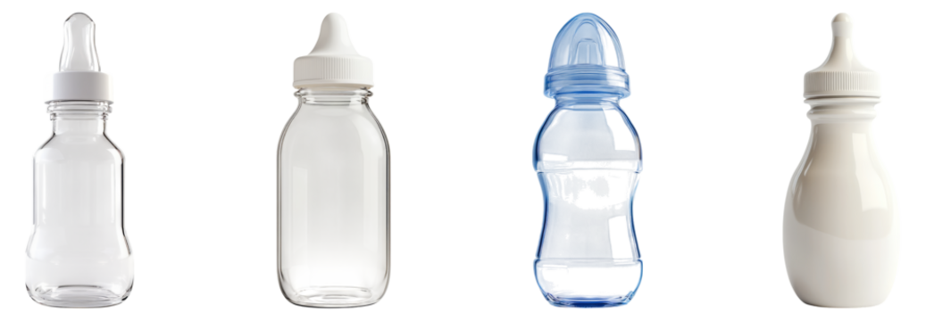 Variety of Baby Bottles on White Background for Parenthood Themes, Isolated on Transparent Background