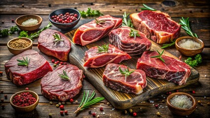 Fototapeta premium Gourmet raw beef steaks, displayed on a wooden table, epitomize fresh butcher shop quality, perfect for food photography.