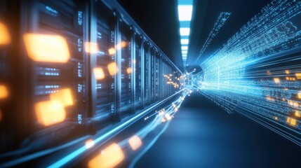 Data transmission action digital server room technology environment futuristic viewpoint high-speed concept for seo impact
