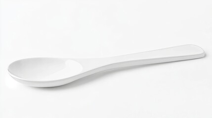 White spoon resting on a clean, neutral, plain surface. Bright background