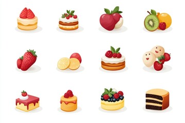 Colorful fruit and dessert artwork with strawberries, apples, bananas, cake, pie, donuts and berries.