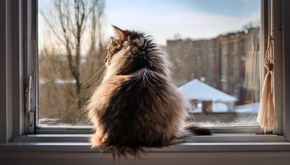 A disheveled cat sitting on a windowsill, its fur sticking out in different directions, exuding a quirky and playful charm.
