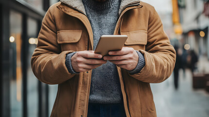 Mann in Winterjacke nutzt Smartphone auf einer belebten Straße – Digitaler Lifestyle
