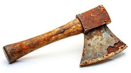 Grunge and decay, a rusty axe's tale.  Old wood handle, white background, urban exploration photography.
