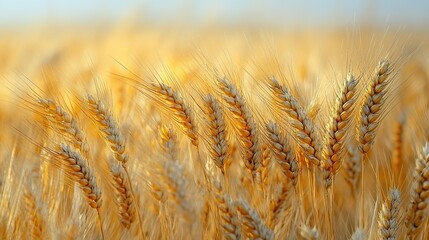 Fototapeta premium Golden wheat ears sway gently in warm sunlight, creating a peaceful, picturesque countryside scene.