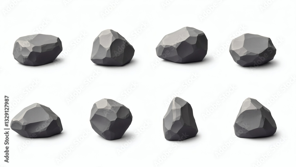 Poster a collection of various gray stones, each with unique shapes and textures. They're arranged in a grid pattern, showcasing their diversity