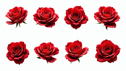 a collection of eight vibrant red roses, each in different stages of bloom, arranged artfully in a pattern